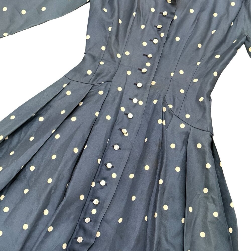 Vintage 1940s 1950s Polka Dot Full Skirt Dress Blue Button Front - Picture 9 of 11